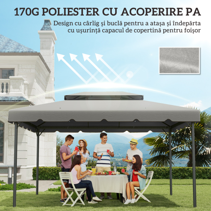  Acoperis pentru Foisor 3x4 m cu 2 Nivele si 8 Gauri de Drenaj din Poliester Gri Deschis [6]