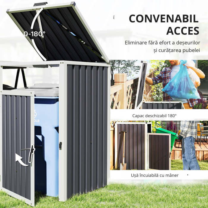 Acoperitor pentru Tomberoane de Exterior cu 2 Compartimente, Capac Rabatabil 180°, din Otel Galvanizat, pentru Gradina sau Patio, 146x81x122 cm, Gri inchis [7]