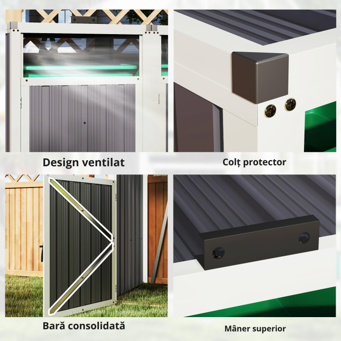  Acoperitor pentru Tomberoane de Exterior cu 2 Compartimente, Capac Rabatabil 180°, din Otel Galvanizat, pentru Gradina sau Patio, 146x81x122 cm, Gri inchis [5]