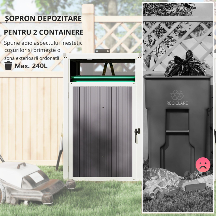  Acoperitor pentru Tomberoane de Exterior cu 2 Compartimente, Capac Rabatabil 180°, din Otel Galvanizat, pentru Gradina sau Patio, 146x81x122 cm, Gri inchis [6]