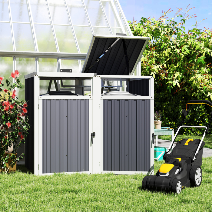  Acoperitor pentru Tomberoane de Exterior cu 2 Compartimente, Capac Rabatabil 180°, din Otel Galvanizat, pentru Gradina sau Patio, 146x81x122 cm, Gri inchis [2]