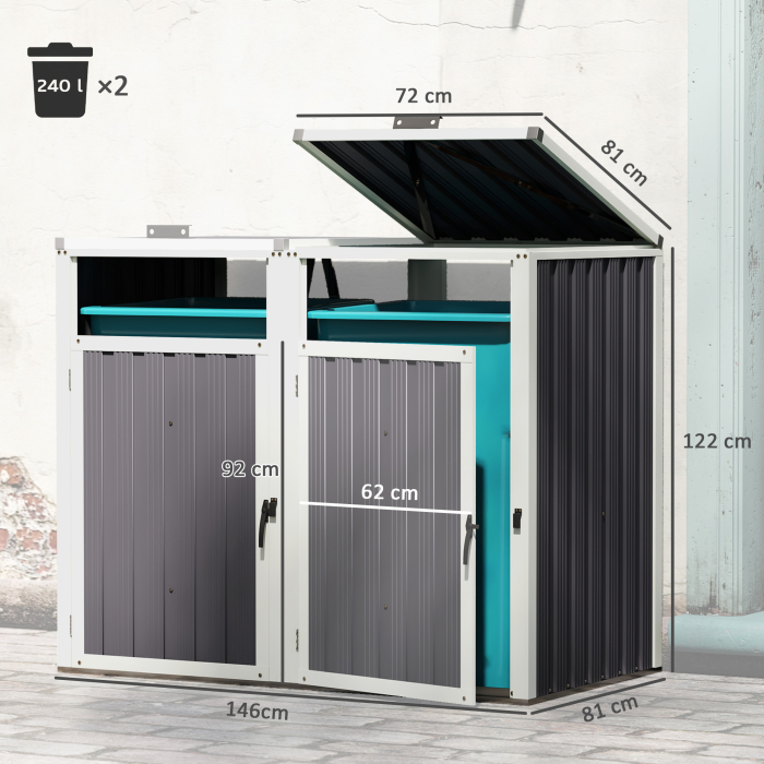  Acoperitor pentru Tomberoane de Exterior cu 2 Compartimente, Capac Rabatabil 180°, din Otel Galvanizat, pentru Gradina sau Patio, 146x81x122 cm, Gri inchis [3]