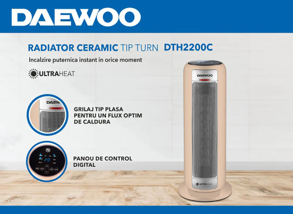 Aeroterma ceramica Daewoo DTH2200C, 2200 W, 2 trepte, 1.5 m, 25 cm, 48 cm, 23 cm, 2 kg, 1 elementi incalzire, Bej [5]