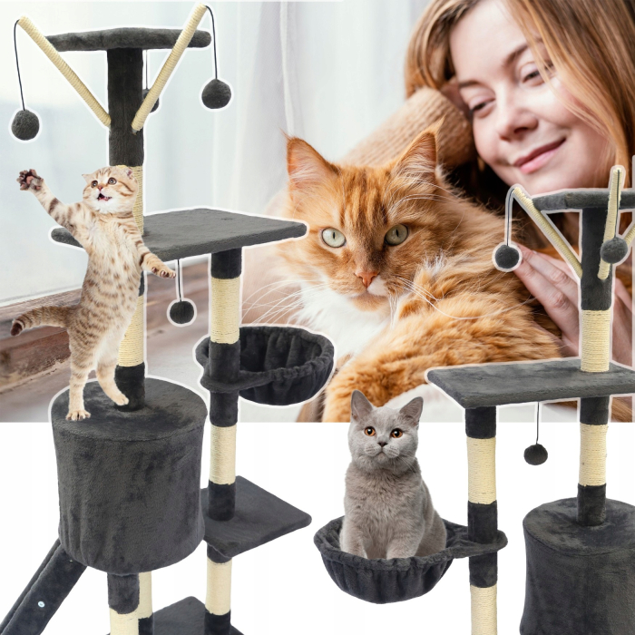 Ansamblu de joaca pentru pisici 51x36x138 cm, cu 6 niveluri, sisal si jucarii, negru [11]