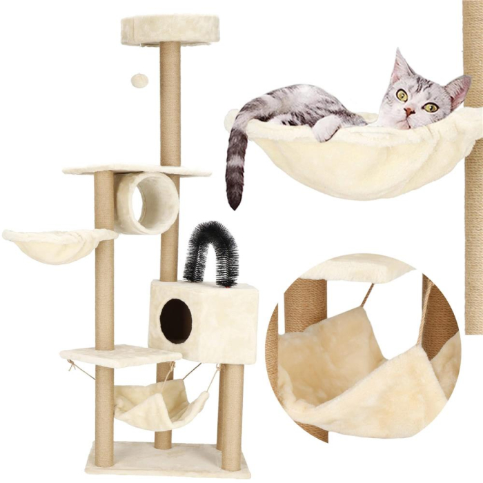 Ansamblu joaca pisici loc zgariat ascunzatoare culcus hamac minge, 154 cm, stalpi sisal, crem [9]