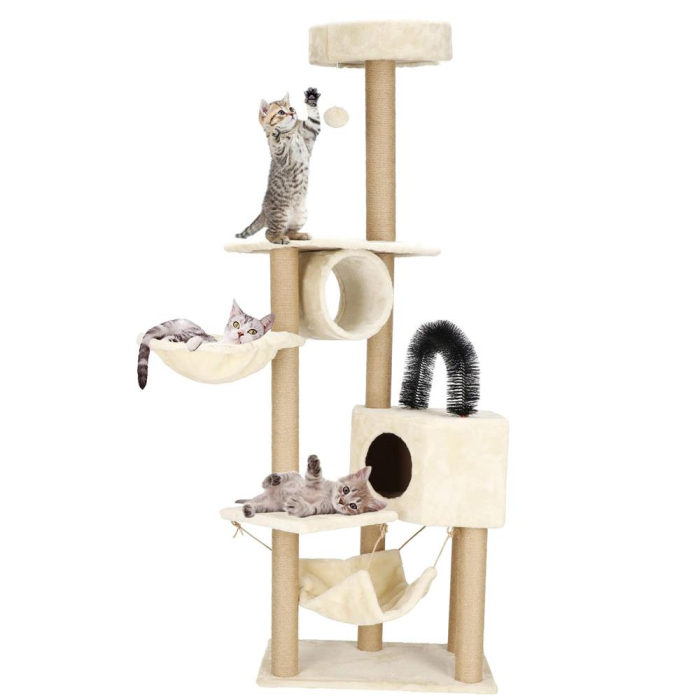 Ansamblu joaca pisici loc zgariat ascunzatoare culcus hamac minge, 154 cm, stalpi sisal, crem [10]