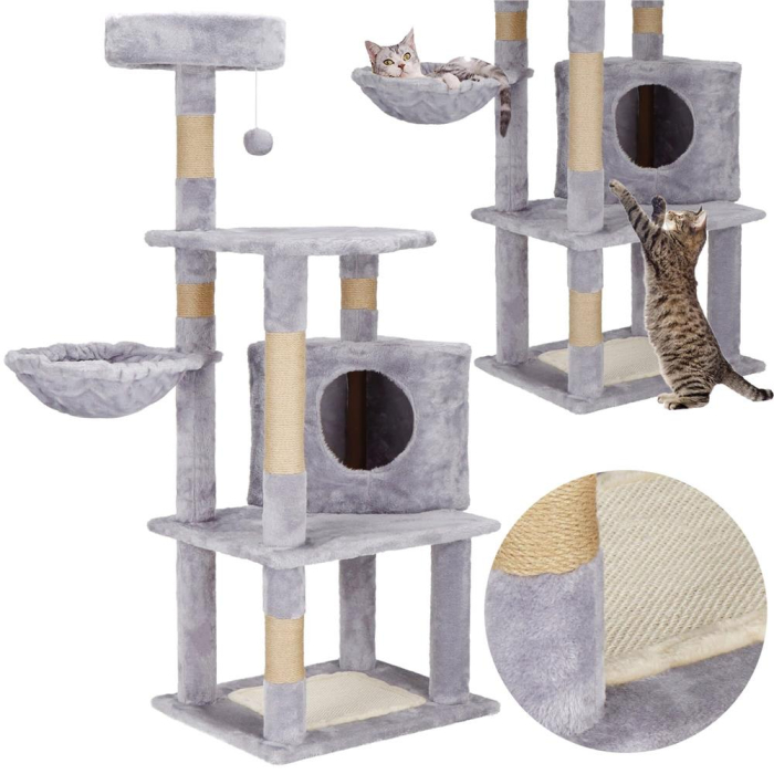 Ansamblu joaca pisici loc zgariat ascunzatoare culcus minge, 124 cm, stalpi sisal, gri [6]