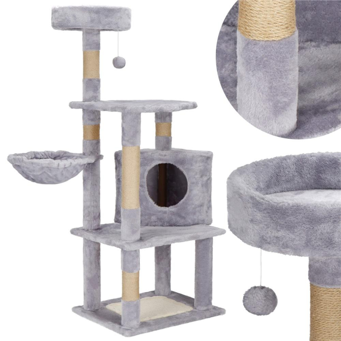 Ansamblu joaca pisici loc zgariat ascunzatoare culcus minge, 124 cm, stalpi sisal, gri [5]
