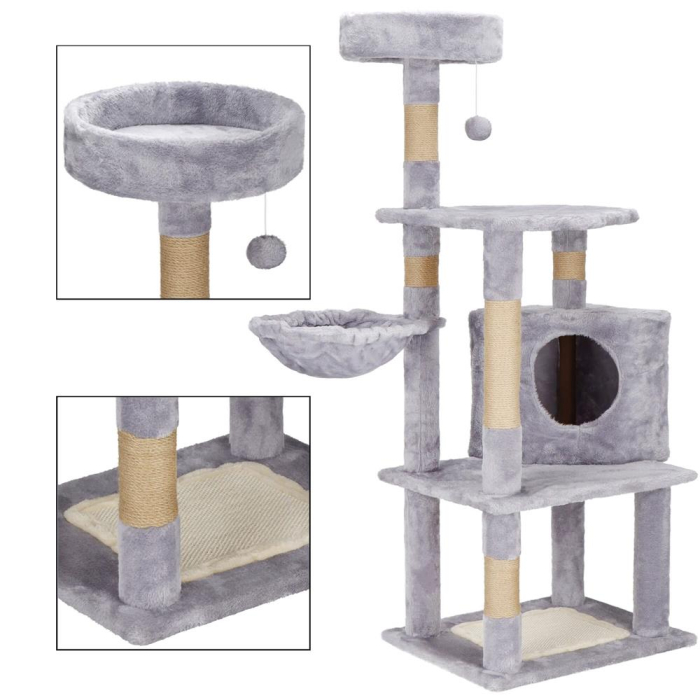 Ansamblu joaca pisici loc zgariat ascunzatoare culcus minge, 124 cm, stalpi sisal, gri [3]