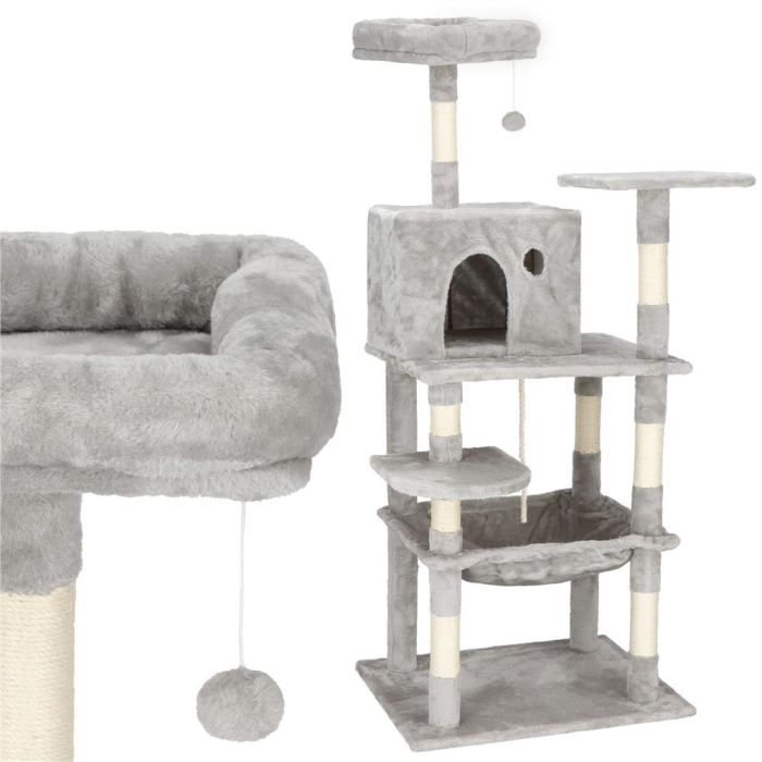 Ansamblu joaca pisici loc zgariat ascunzatoare culcus minge sfoara, 145 cm, stalpi sisal, gri [10]
