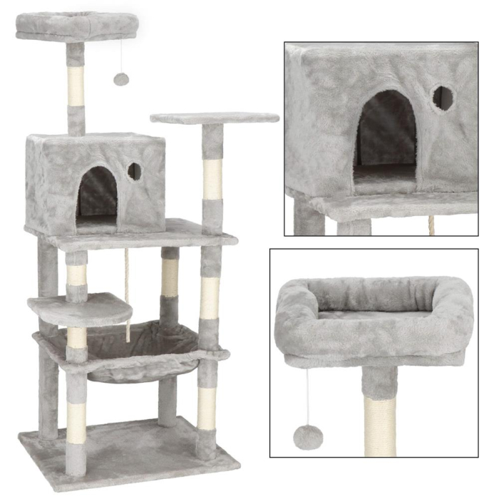 Ansamblu joaca pisici loc zgariat ascunzatoare culcus minge sfoara, 145 cm, stalpi sisal, gri [3]