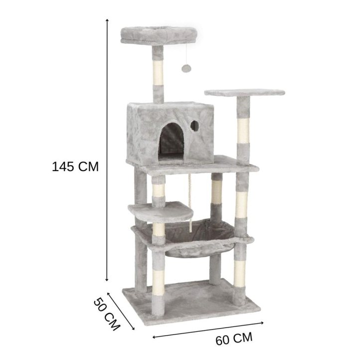 Ansamblu joaca pisici loc zgariat ascunzatoare culcus minge sfoara, 145 cm, stalpi sisal, gri [15]