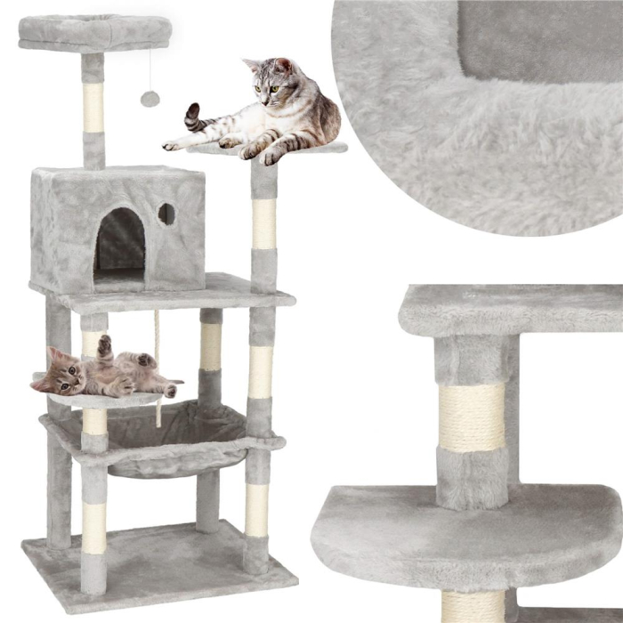 Ansamblu joaca pisici loc zgariat ascunzatoare culcus minge sfoara, 145 cm, stalpi sisal, gri [5]