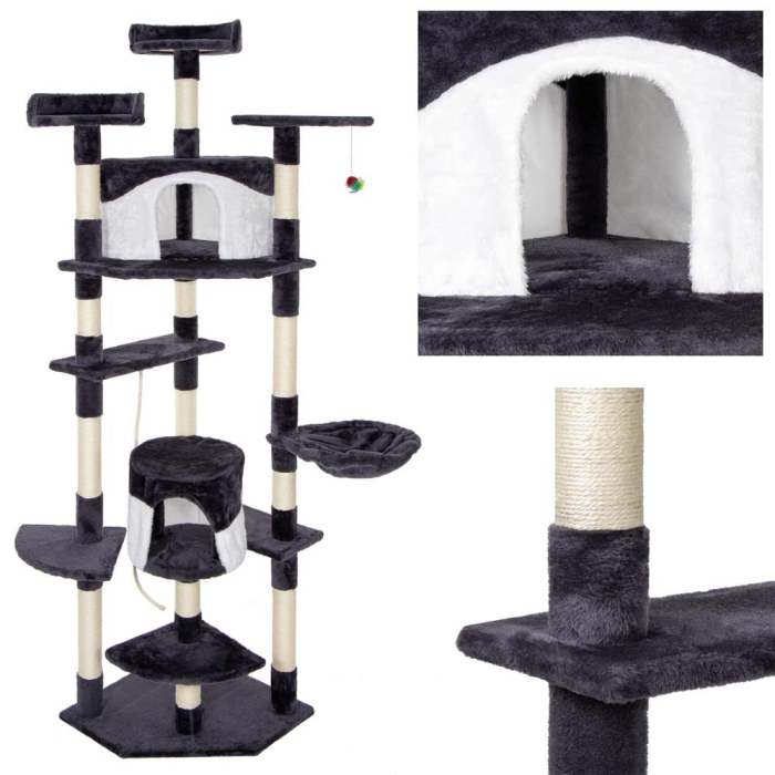 Ansamblu joaca pisici loc zgariat ascunzatoare culcus minge sfoara, 203 cm, sisal, gri inchis [7]