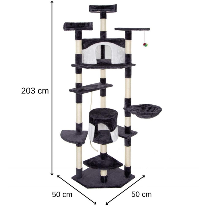 Ansamblu joaca pisici loc zgariat ascunzatoare culcus minge sfoara, 203 cm, sisal, gri inchis [14]