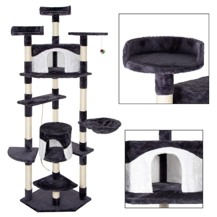 Ansamblu joaca pisici loc zgariat ascunzatoare culcus minge sfoara, 203 cm, sisal, gri inchis [5]