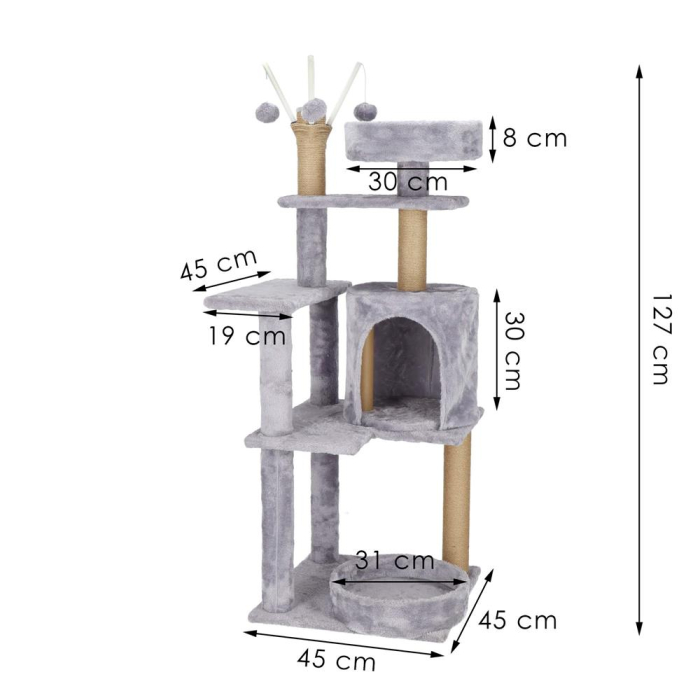 Ansamblu de joaca pentru pisici, cu loc pentru zgariat, ascuns, culcus, mingi, 127cm, gri [11]