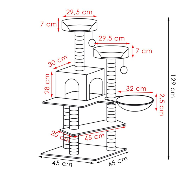 Ansamblu joaca pisici loc zgariat ascunzatoare culcus mingi, 129 cm, stalpi sisal, gri [13]