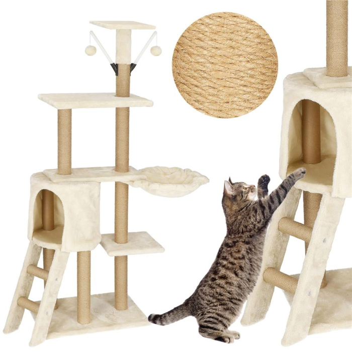 Ansamblu joaca pisici loc zgariat ascunzatoare culcus mingi, 136 cm, stalpi sisal, crem [4]