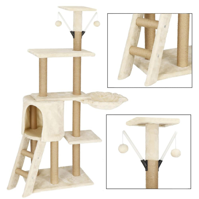 Ansamblu joaca pisici loc zgariat ascunzatoare culcus mingi, 136 cm, stalpi sisal, crem [2]