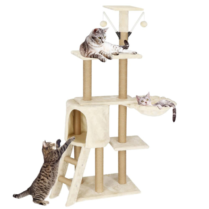 Ansamblu joaca pisici loc zgariat ascunzatoare culcus mingi, 136 cm, stalpi sisal, crem [6]