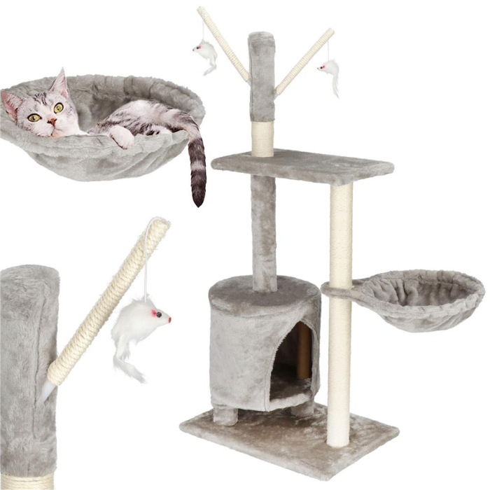 Ansamblu joaca pisici loc zgariat ascunzatoare culcus soricei, 108 cm, stalpi sisal, gri [4]