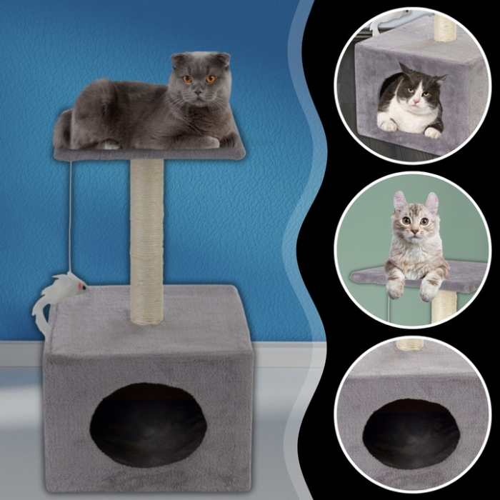 Ansamblu de joaca pentru pisici, cu loc pentru zgariat, ascuns, platforma, 62cm, gri [10]