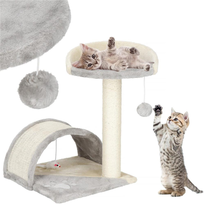 Ansamblu de joaca pentru pisici, cu loc pentru zgariat, culcus, minge, 47cm, crem [11]