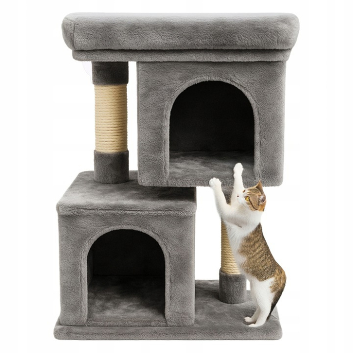 Ansamblu de zgariat pentru pisici tip turn cu 2 niveluri, tunel, casuta si pat, MDF si plus, 67 cm, gri [2]