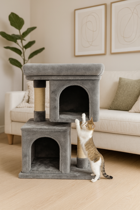 Ansamblu de zgariat pentru pisici tip turn cu 2 niveluri, tunel, casuta si pat, MDF si plus, 67 cm, gri [5]