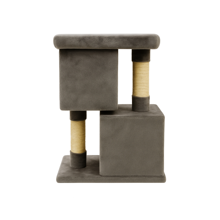Ansamblu de zgariat pentru pisici tip turn cu 2 niveluri, tunel, casuta si pat, MDF si plus, 67 cm, gri [4]