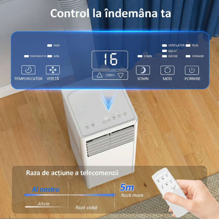  Aparat de Aer Conditionat Portabil 7000 BTU, Unitate 4-in-1 cu Racire, Dezumidificator, Ventilator, Mod Noapte [6]