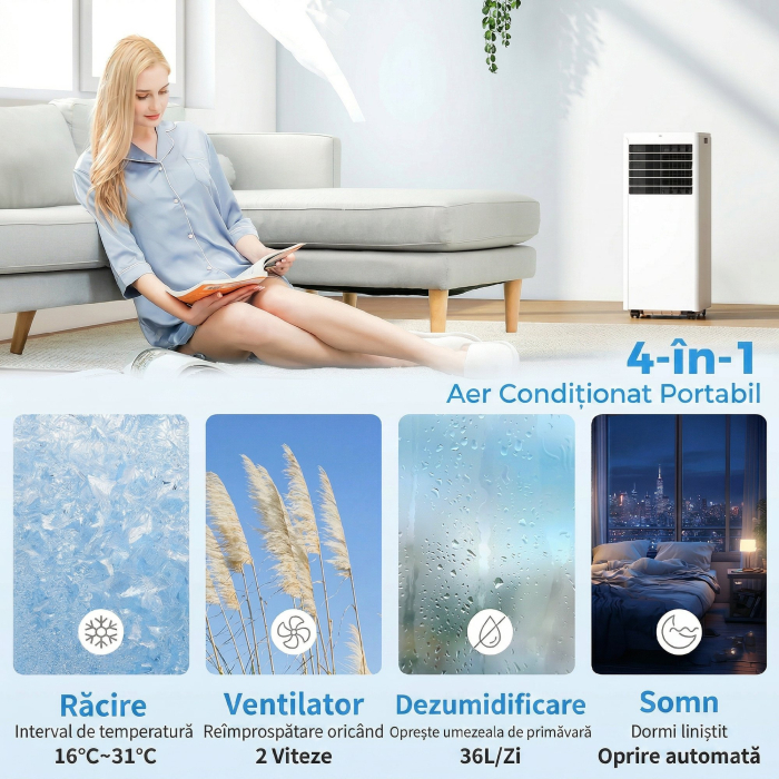  Aparat de Aer Conditionat Portabil 7000 BTU, Unitate 4-in-1 cu Racire, Dezumidificator, Ventilator, Mod Noapte [5]