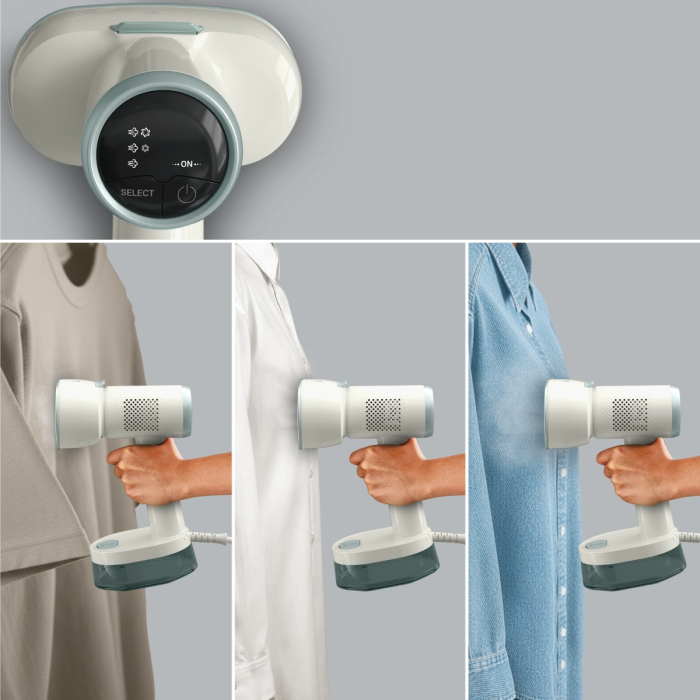 Aparat de calcat vertical cu abur Tefal AeroSteam S DT9322E0, 1500 W, abur variabil 0 - 20 g/min, 3 moduri, recipient apa 180 ml, autonomie pana la 14 min, tehnologie OptiFlow, talpa ceramica, albastr [2]