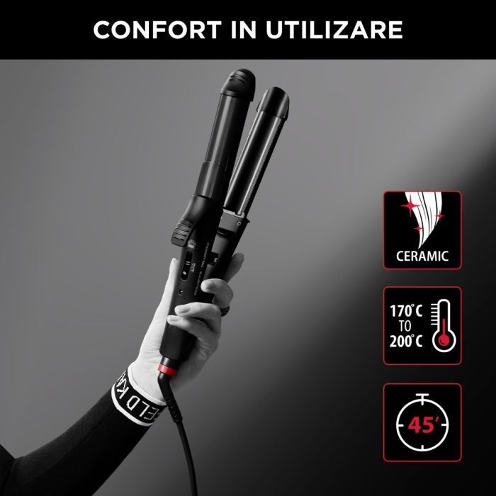 Aparat de coafat multifunctional 3 in 1 Rowenta x Karl Lagerfeld Fashion Stylist CF451LF0, 66 W, temperatura reglabila 170-200 °C, varf rece, generator de ioni, negru & rosu [5]