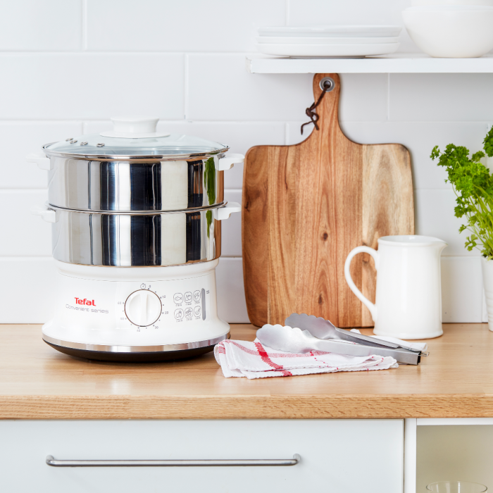Aparat de gatit cu aburi Tefal Convenient Series VC145130, 2 vase, cronometru mecanic, 2 accesorii, 6 L, inox, alb [4]