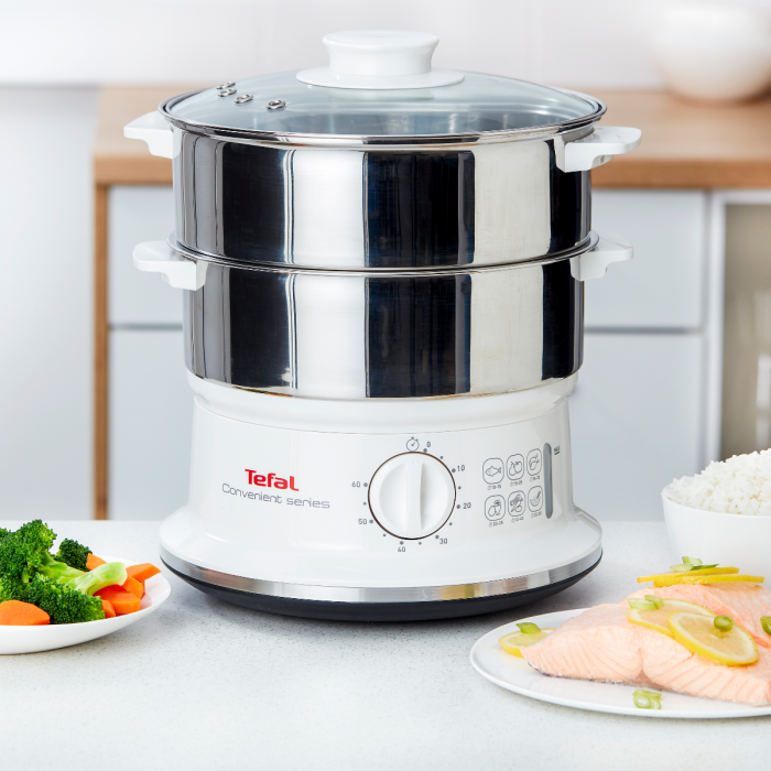 Aparat de gatit cu aburi Tefal Convenient Series VC145130, 2 vase, cronometru mecanic, 2 accesorii, 6 L, inox, alb [5]