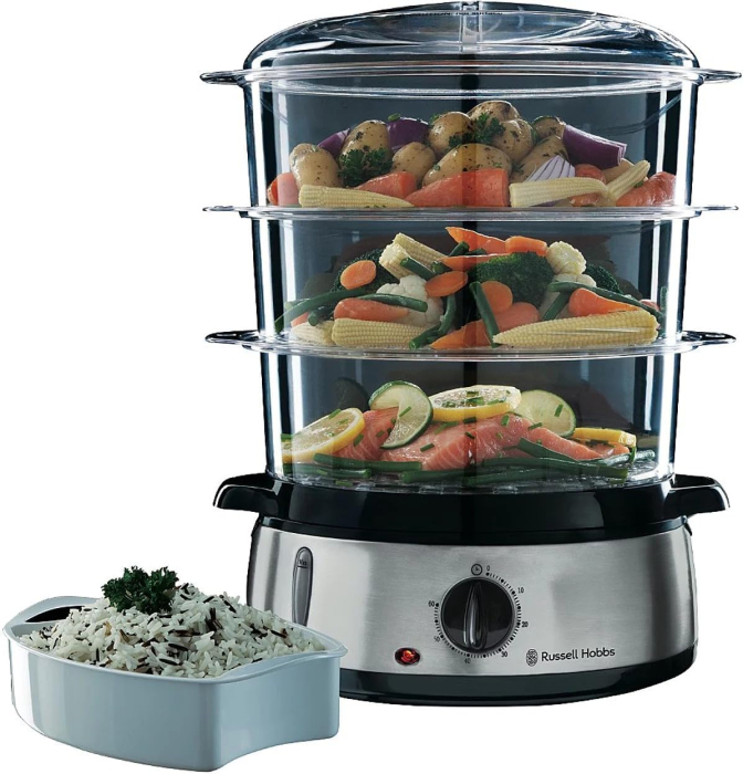 Aparat de gatit la aburi Russell Hobbs 19270-56 Cook@Home, 3 niveluri 9L, timer 60 min, 800W, bol orez 1L, Inox [2]