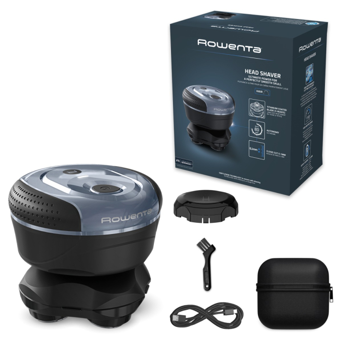 Aparat de ras pentru cap Rowenta Head Shaver TN3110E0, invelis din titan, pana la 80 min autonomie, precizie de 0.1 mm, 7300 rpm, tehnologie Wet & Dry, husa inclusa, negru & albastru [9]