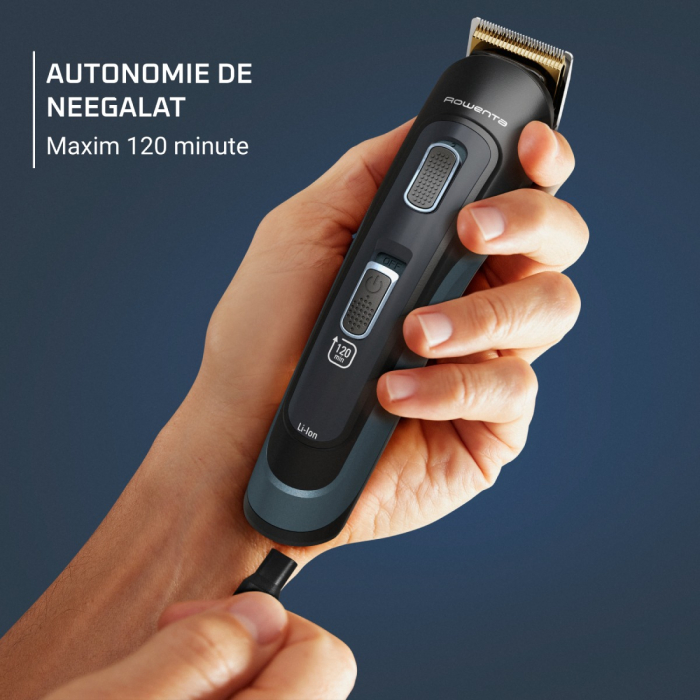 Aparat de tuns multifunctional Rowenta Selectium 17 in 1 TN9464E0, 2 trepte de viteza, tehnologie Wet & Dry, lame din inox, sistem de monitorizare a nivelului bateriei, negru & albastru [7]