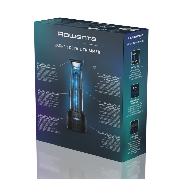Aparat de tuns pentru contur si detalii Rowenta Barber Experience TN1851E0, lame inox, 6500 rpm, autonomie 90 minute, 0.5 - 5 mm,incarcare rapida, negru & gri [6]