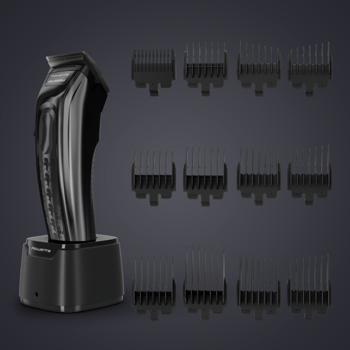 Aparat de tuns Rowenta x Karl Lagerfeld Barber Experience TN155LE0, 6500 rpm, autonomie 150 min, 6 piepteni ficsi, 6 piepteni fade, lame inox, indicator LED, baza de incarcare, negru & gri [8]