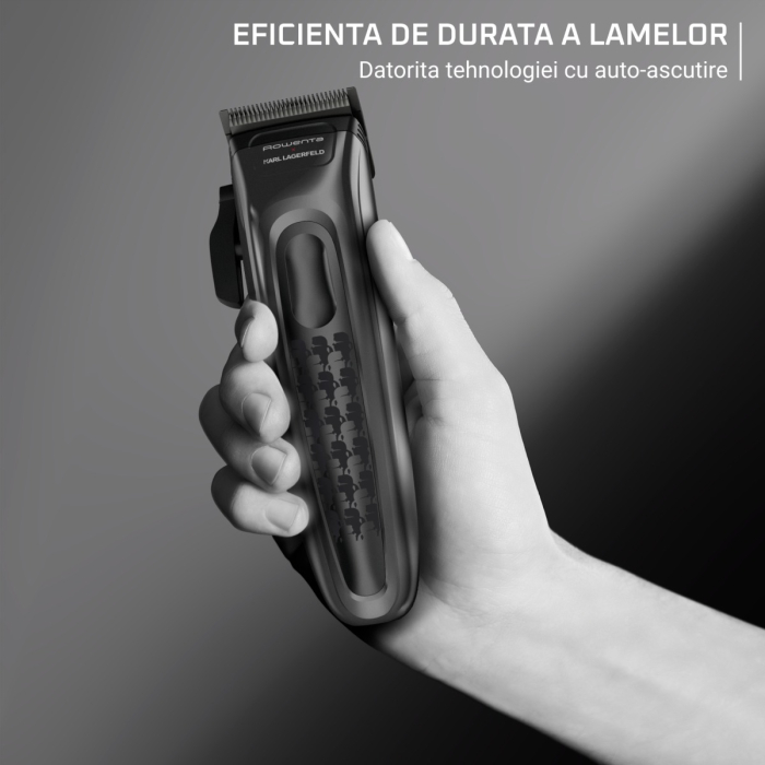 Aparat de tuns Rowenta x Karl Lagerfeld Barber Experience TN155LE0, 6500 rpm, autonomie 150 min, 6 piepteni ficsi, 6 piepteni fade, lame inox, indicator LED, baza de incarcare, negru & gri [11]