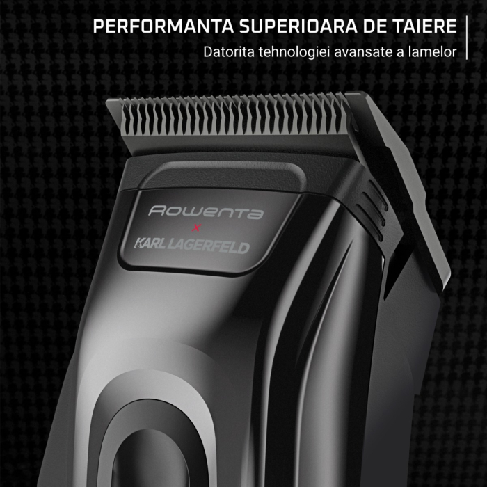 Aparat de tuns Rowenta x Karl Lagerfeld Barber Experience TN155LE0, 6500 rpm, autonomie 150 min, 6 piepteni ficsi, 6 piepteni fade, lame inox, indicator LED, baza de incarcare, negru & gri [10]