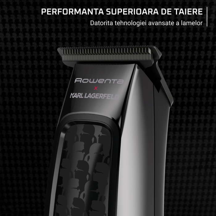 Aparat de tuns Rowenta x Karl Lagerfeld Barber Experience TN185LE0, 6500 rpm, autonomie 90 min, 5 piepteni ficsi, lame inox, baza de incarcare, indicator LED, negru & gri [10]