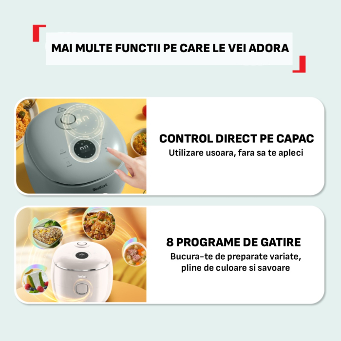 Aparat multifunctional de gatit orez Tefal Pop RK535AE0, 350 W, capacitate 0.7 L, 8 programe, tehnologie digitala, functie mentinere la cald, design c [4]