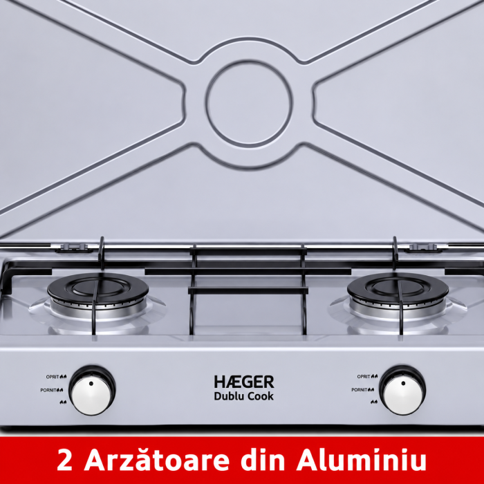 Aragaz portabil cu 2 arzatoare HAEGER DOUBLE COOK, anticoroziv, aluminiu, Dimensiuni 580x295x115mm, Suprafata emailata usor de curatat, Manere decorative inox, Argintiu [2]