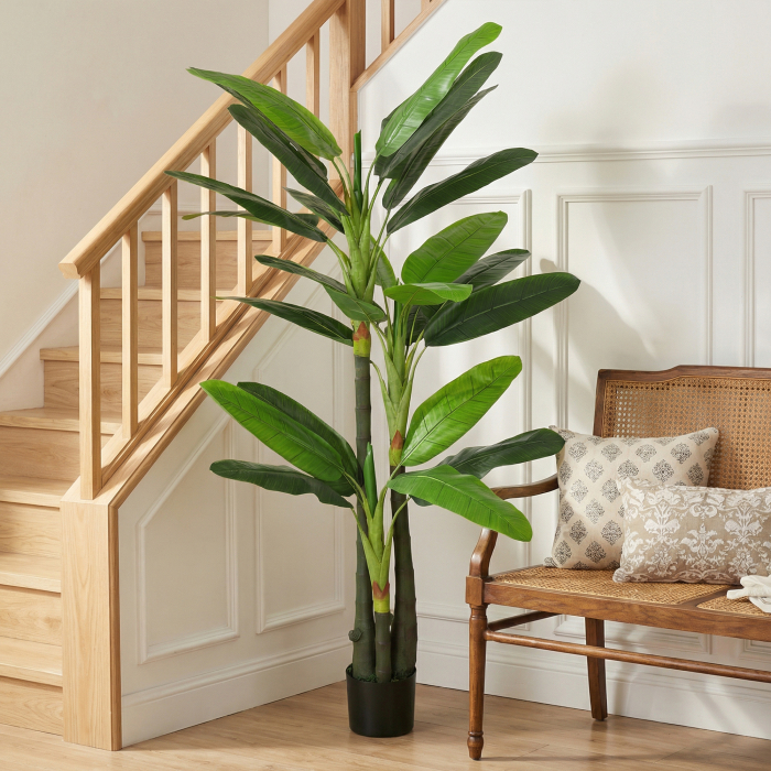  Arbore de Bananier Artificial, Planta Artificiala cu 18 Frunze, 180 cm, Verde [6]