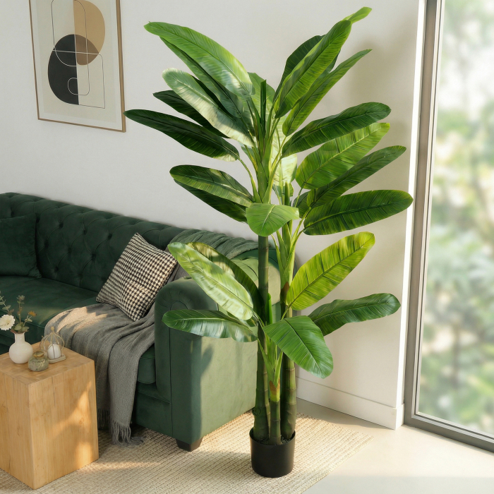  Arbore de Bananier Artificial, Planta Artificiala cu 18 Frunze, 180 cm, Verde [7]