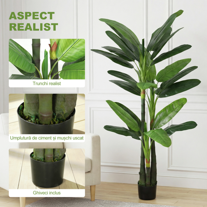  Arbore de Bananier Artificial, Planta Artificiala cu 18 Frunze, 180 cm, Verde [4]